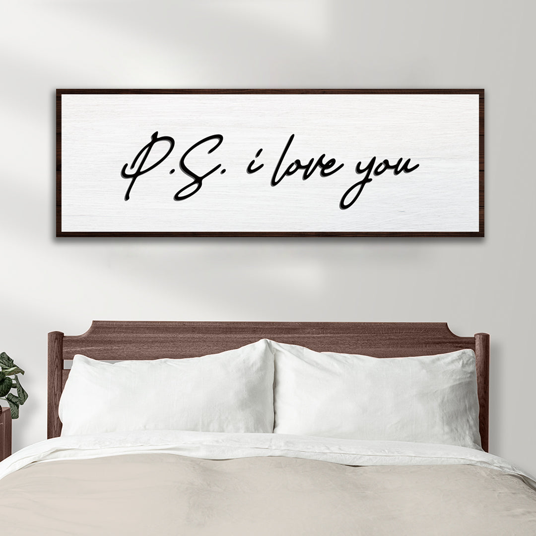 P.S. I Love You typography canvas wall art, vertical format romantic sign