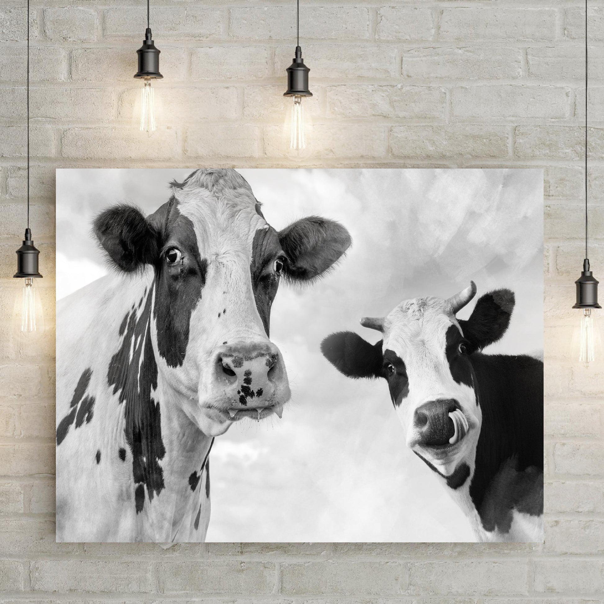Holstein cows monochrome canvas wall art with black and white cow design in retro modern style