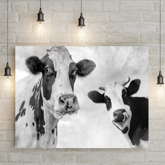 Holstein cows monochrome canvas wall art with black and white cow design in retro modern style