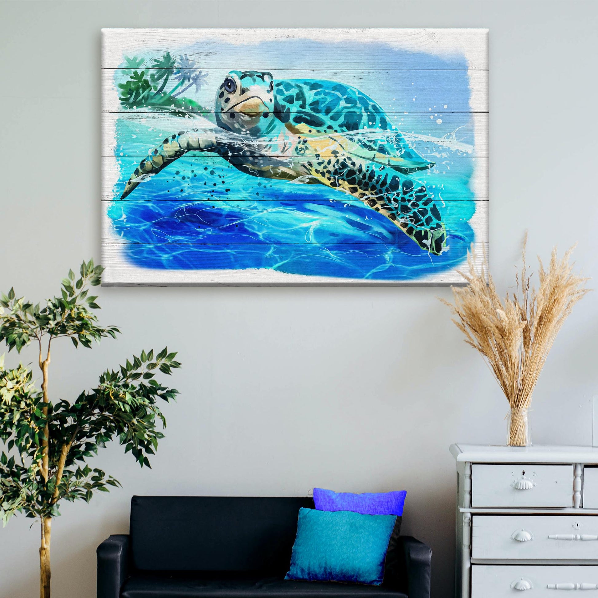 Turtle oasis watercolor canvas wall art - vibrant sea turtle tropical decor