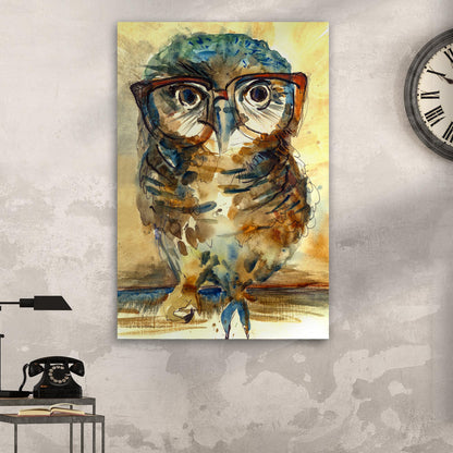 Tall canvas of a brown and teal watercolor owl wearing round glasses on a warm yellow wash, beside a wall clock