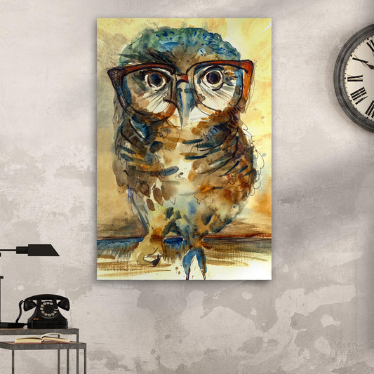 Wise Owl watercolor portrait canvas wall art with bespectacled owl in yellow and amber splashes
