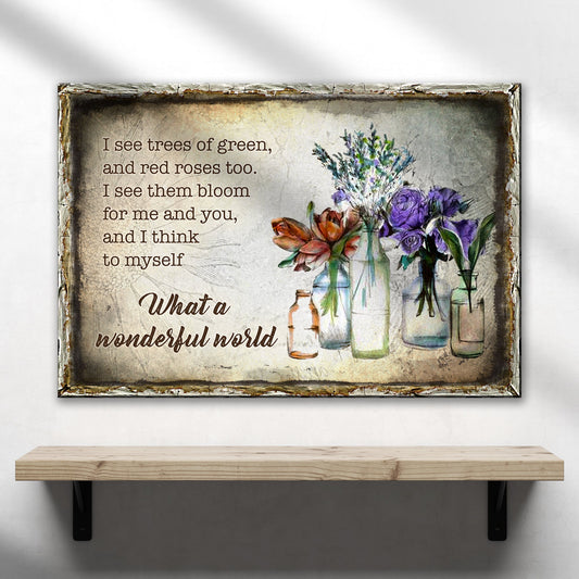 What a wonderful world lyric canvas sign in warm lettering