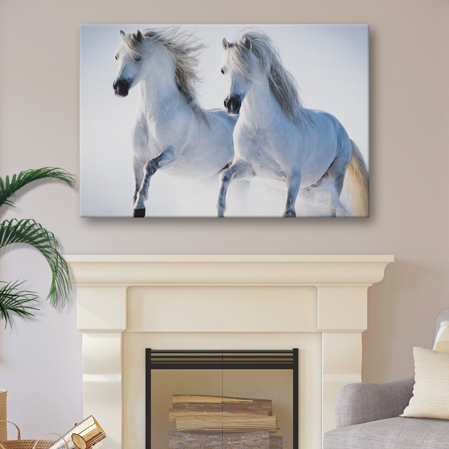 White horse couple canvas wall art, elegant equine pair in flowing detail
