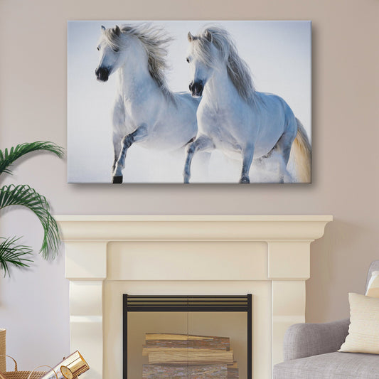White horse couple canvas wall art, elegant equine pair in flowing detail