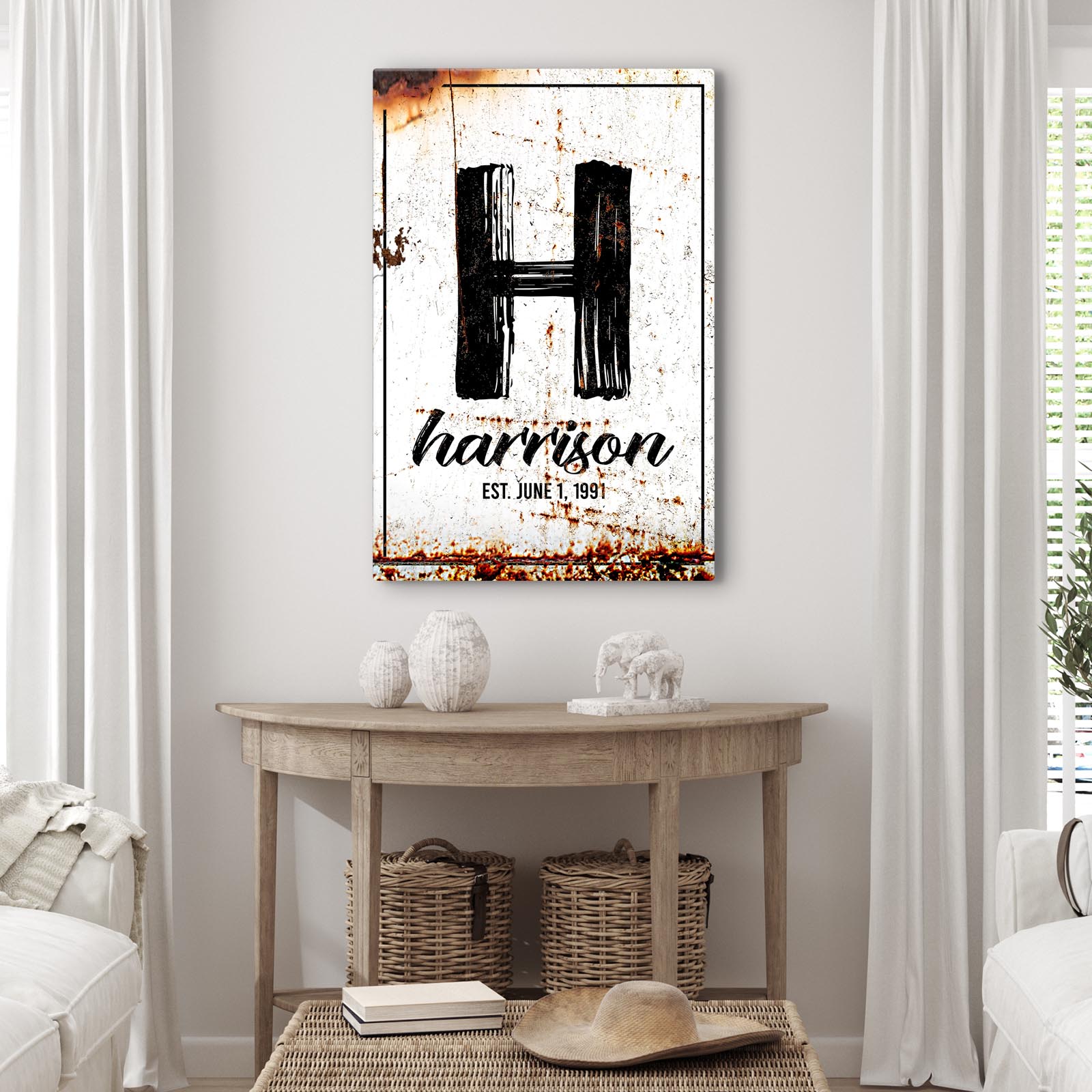 Personalized family name portrait canvas sign hanging in an entryway