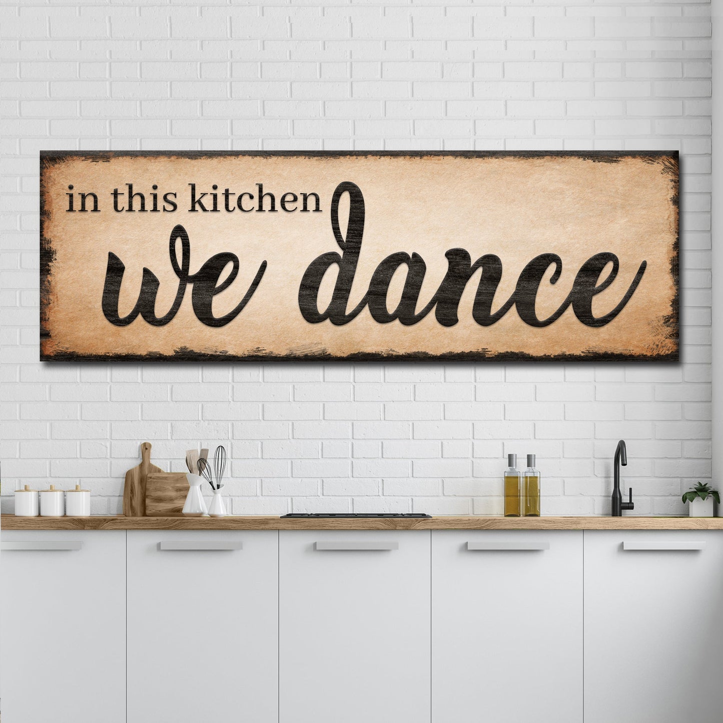In This Kitchen We Dance farmhouse canvas sign with tall format and rustic lettering