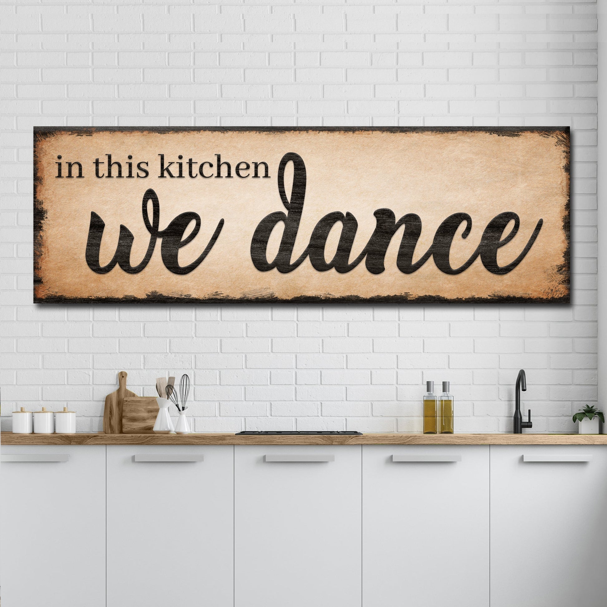 In This Kitchen We Dance farmhouse canvas sign with tall format and rustic lettering