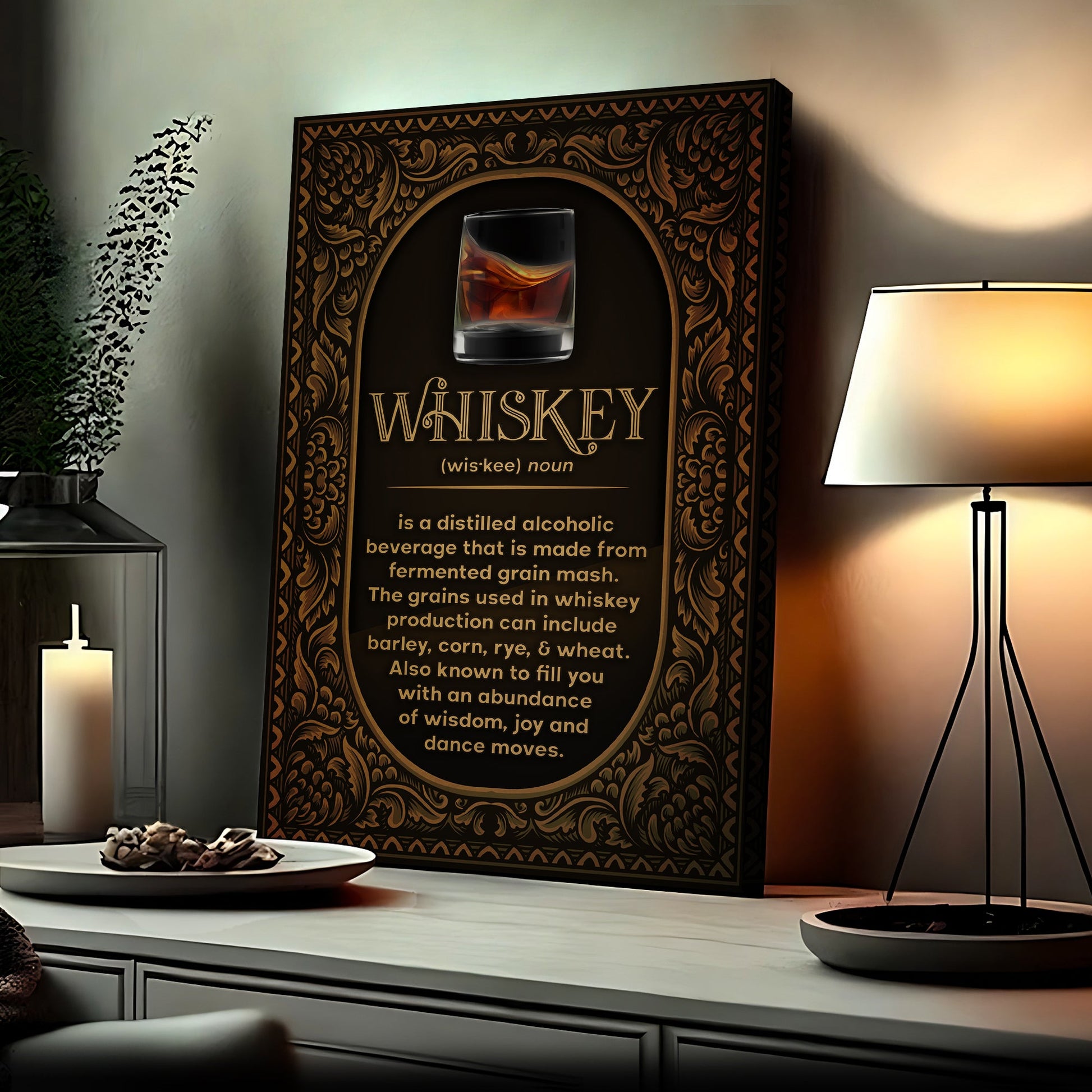 Whiskey definition typography canvas wall art with vintage lettering, bar decor