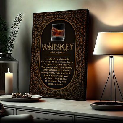 Whiskey definition typography canvas wall art with vintage lettering, bar decor