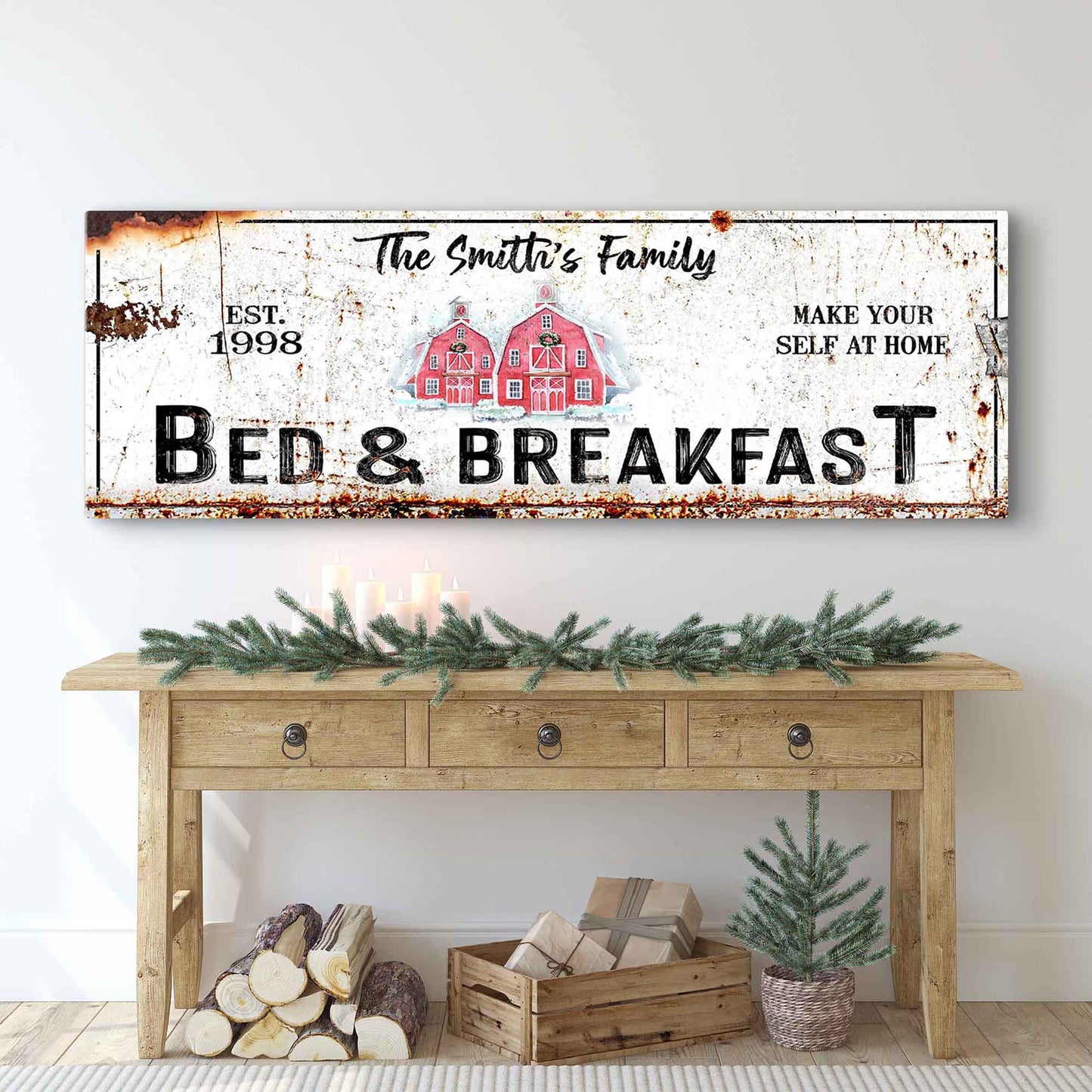 Christmas Bed and Breakfast rustic holiday canvas wall sign