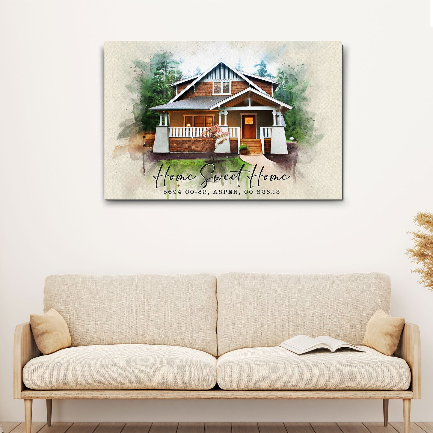 Home Sweet Home watercolor canvas wall art with soft pastel watercolor typography in cottage farmhouse style on gallery-wrapped canvas