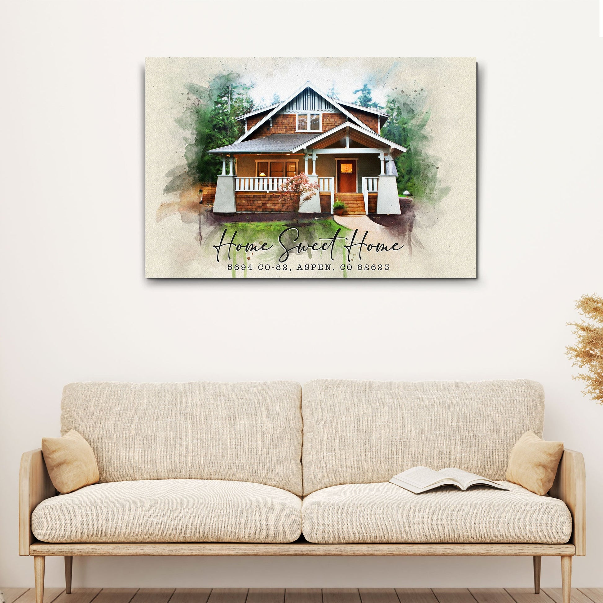Home Sweet Home watercolor canvas wall art with soft pastel watercolor typography in cottage farmhouse style on gallery-wrapped canvas