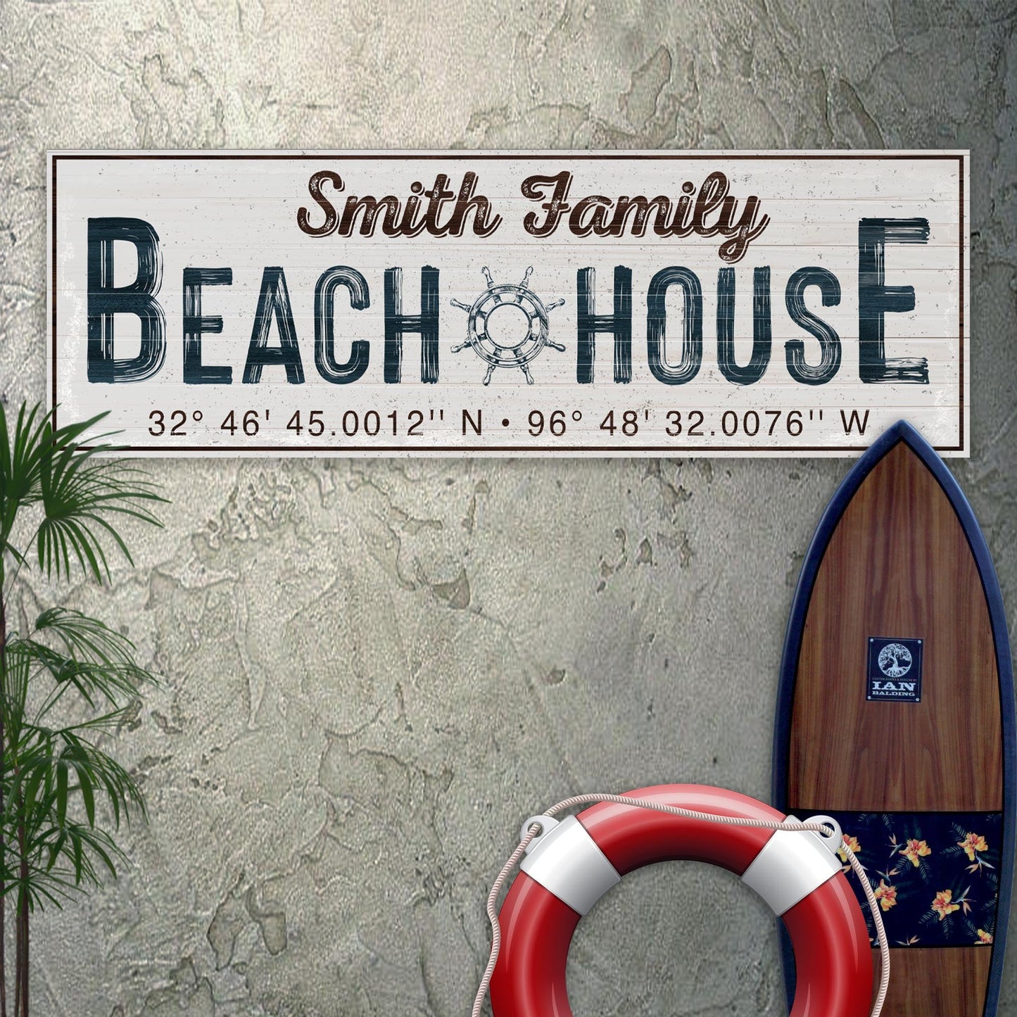 Family Beach House personalized rustic word-art canvas sign on a wall