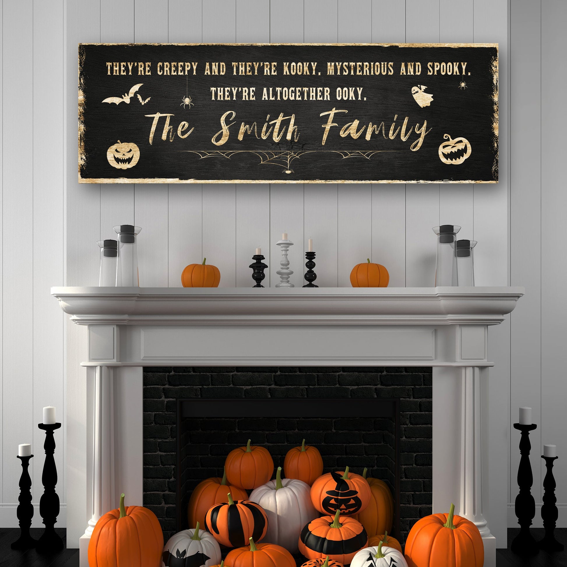 Creepy family Halloween canvas sign with haunted-house design and family name