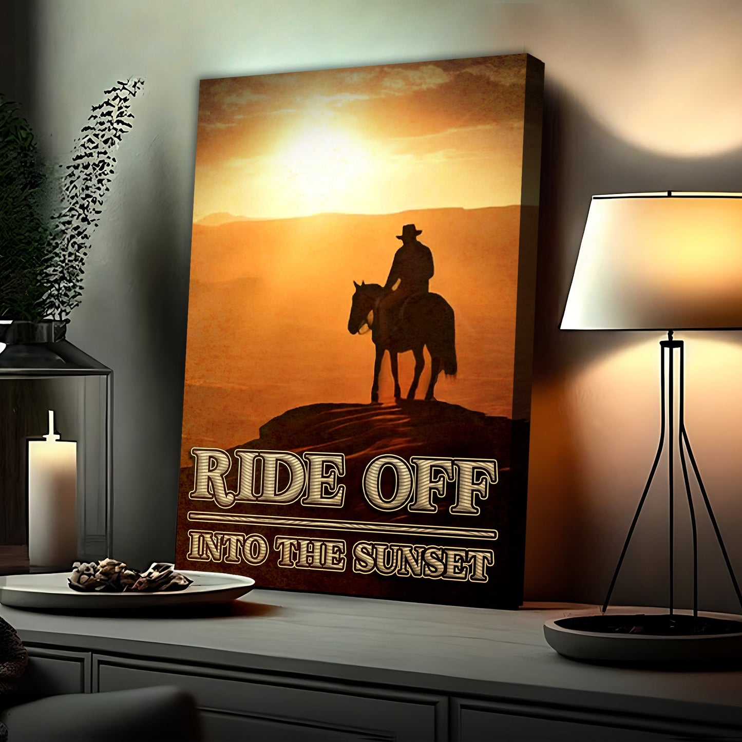 Ride Off Into the Sunset Western canvas sign with rustic frontier typography decor