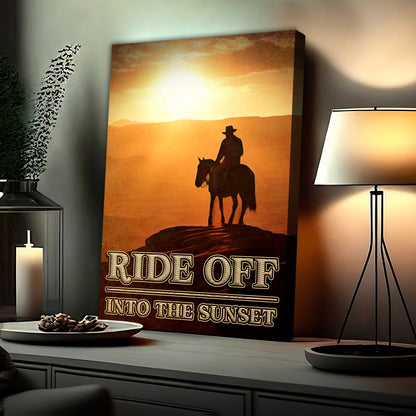 Tall canvas of a cowboy on horseback in silhouette at sunset, on a dark console beside a lamp, western wall art