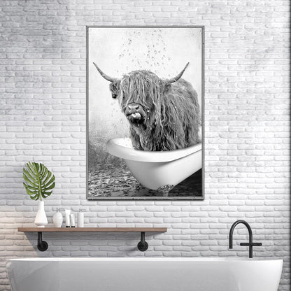 Highland cattle bath canvas wall art with playful rustic charm, ready to hang