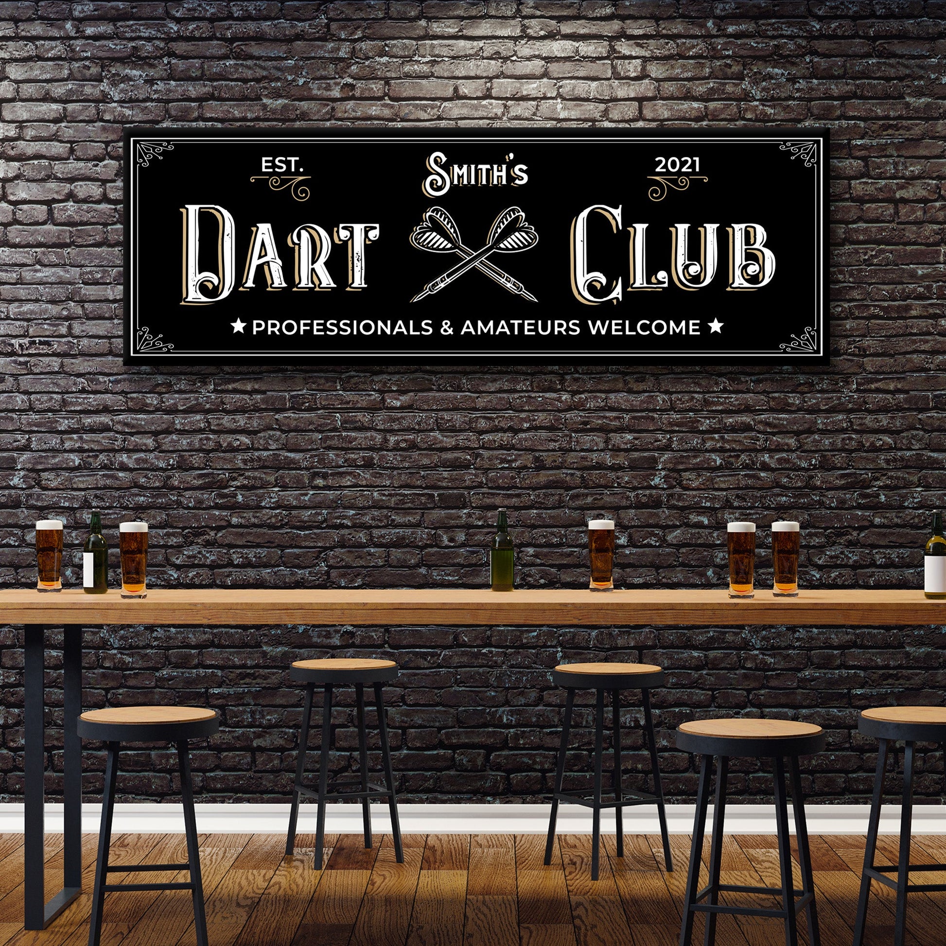 Personalized rustic dart club canvas sign for a game room or home bar