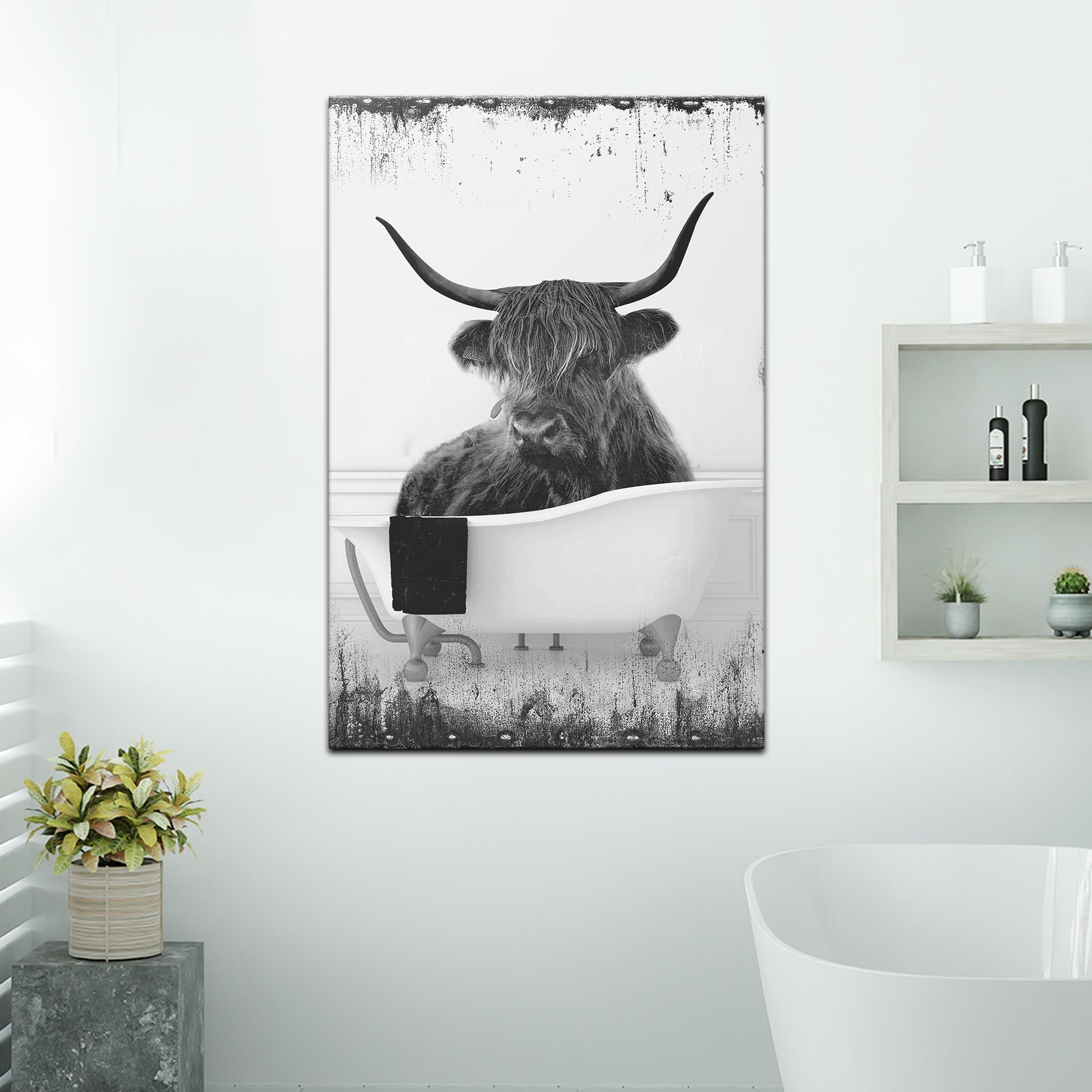 Highland cattle bath canvas wall art showing a shaggy highland cow in a bath scene with warm rustic tones