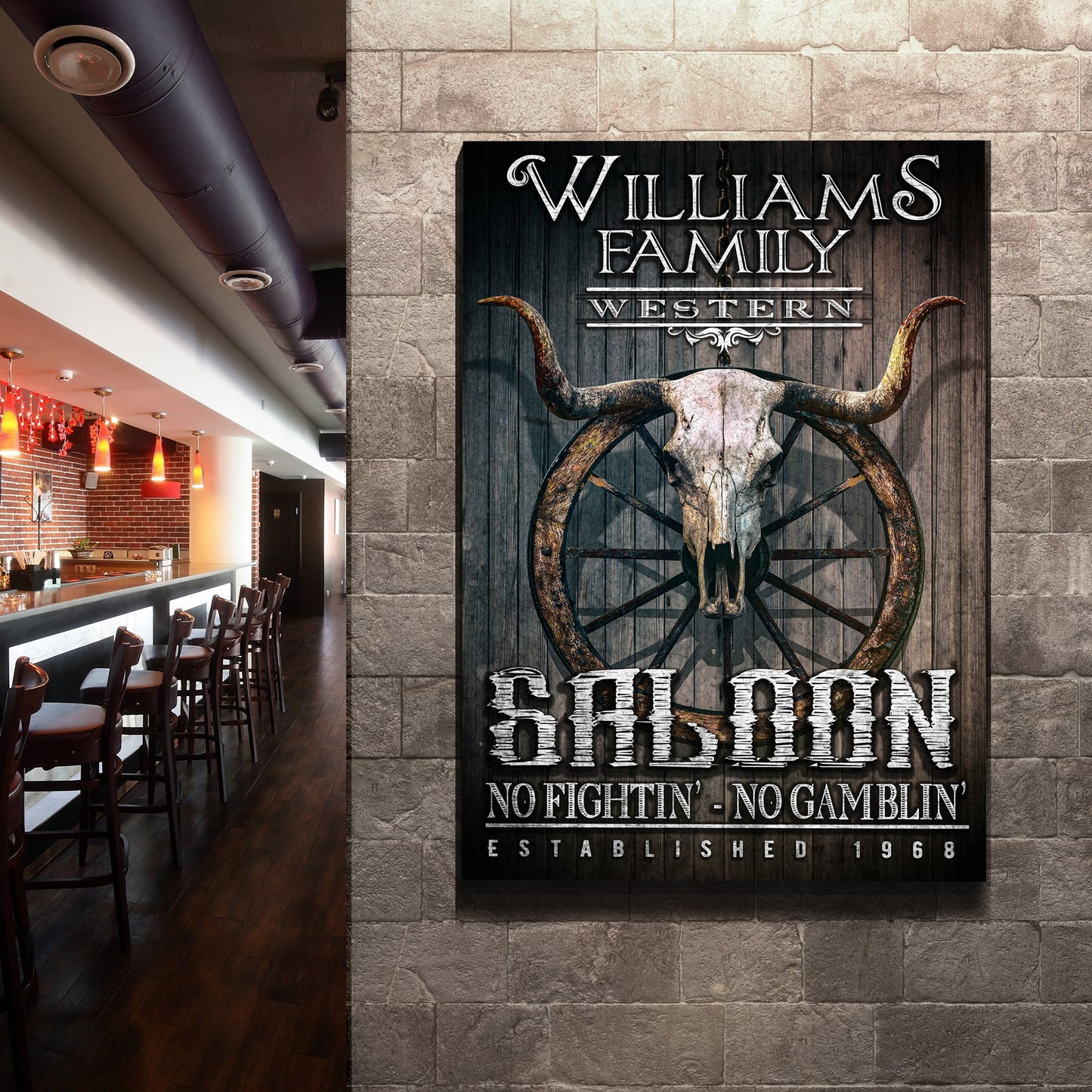 Western cowboy saloon canvas sign with bold frontier typography for home bars
