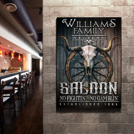 Western cowboy saloon canvas sign with bold frontier typography for home bars