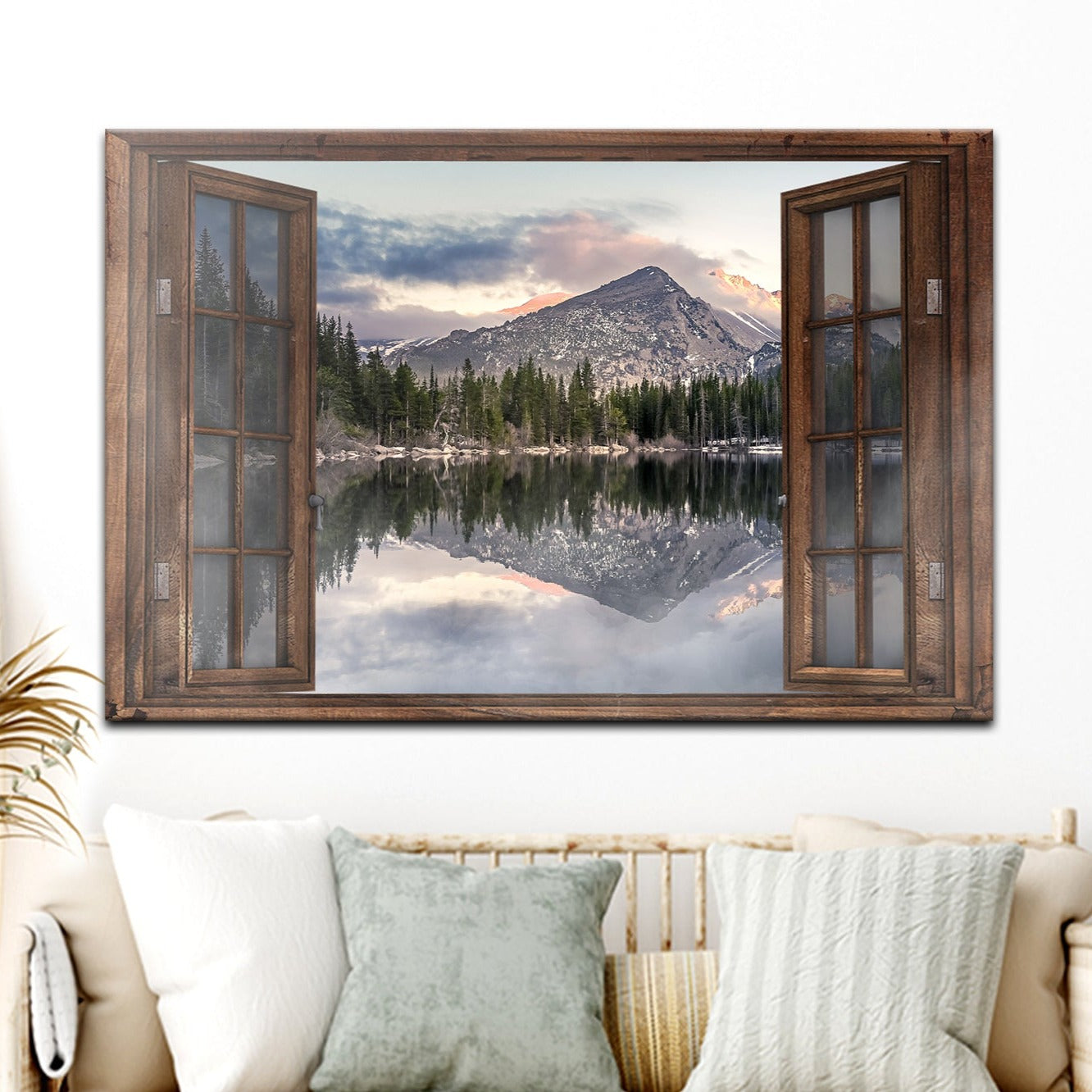 Calming lake scenery canvas wall art with still water and soft sky