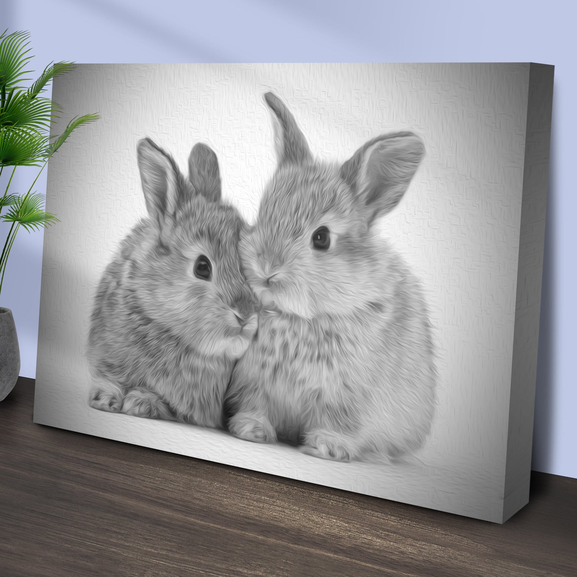 Gray rabbits sketch canvas wall art with soft monochromatic illustration