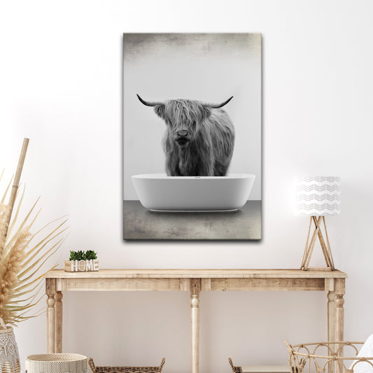 Highland cattle bath farmhouse canvas wall art with shaggy cow
