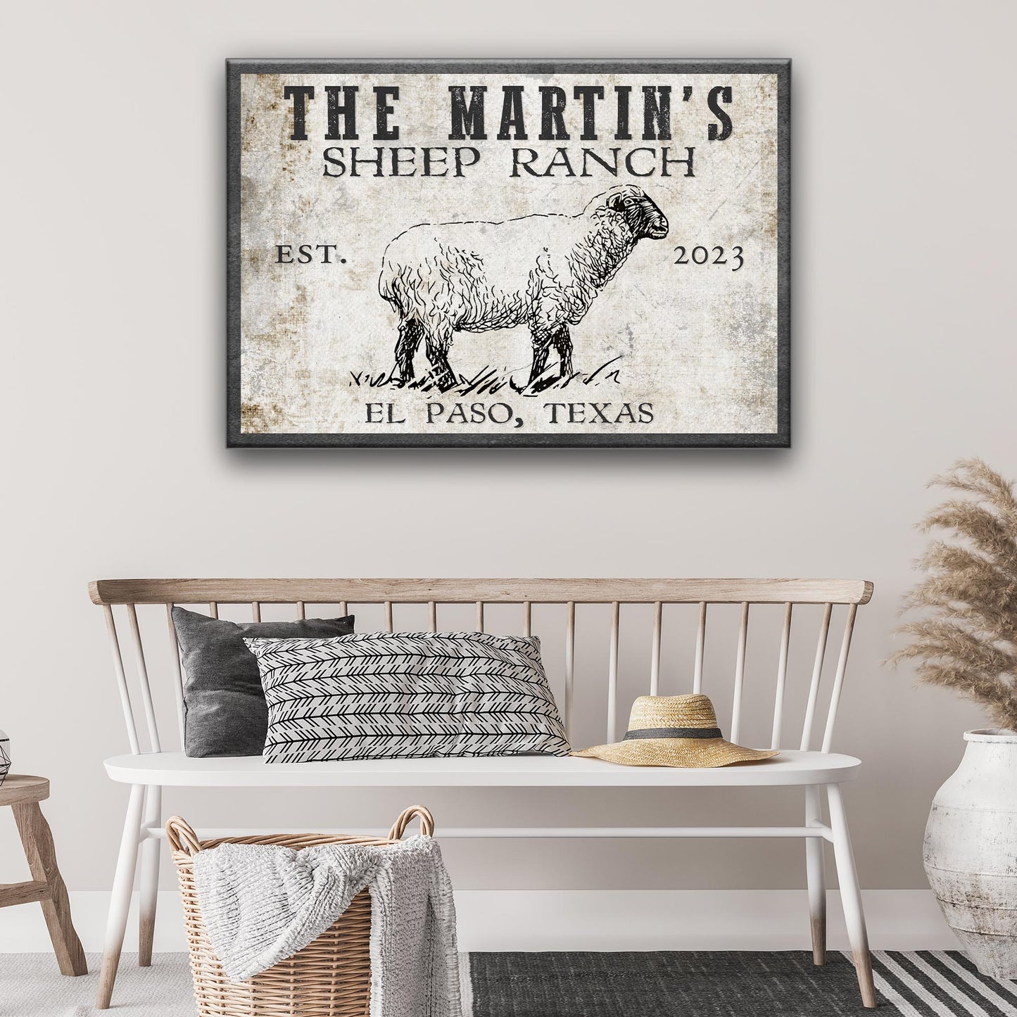 Sheep ranch canvas wall art with bold black-and-white sheep ranch design for farmhouse decor