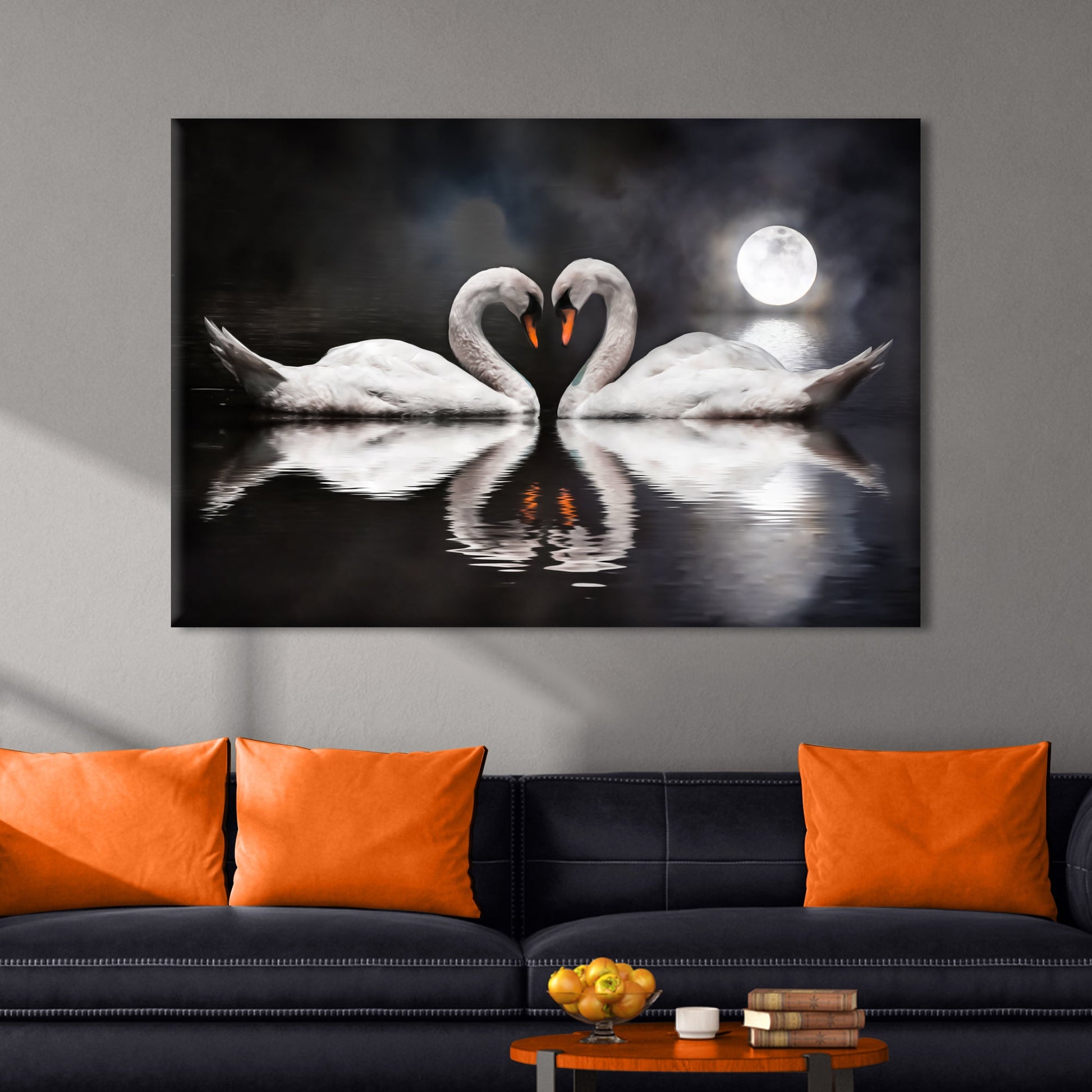 Moonlit romantic swan canvas wall art with graceful bird in soft moonlit night atmospheric scene