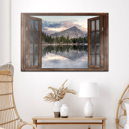 Mountain Lake Through an Open Window canvas shown in a styled room setting, view 2