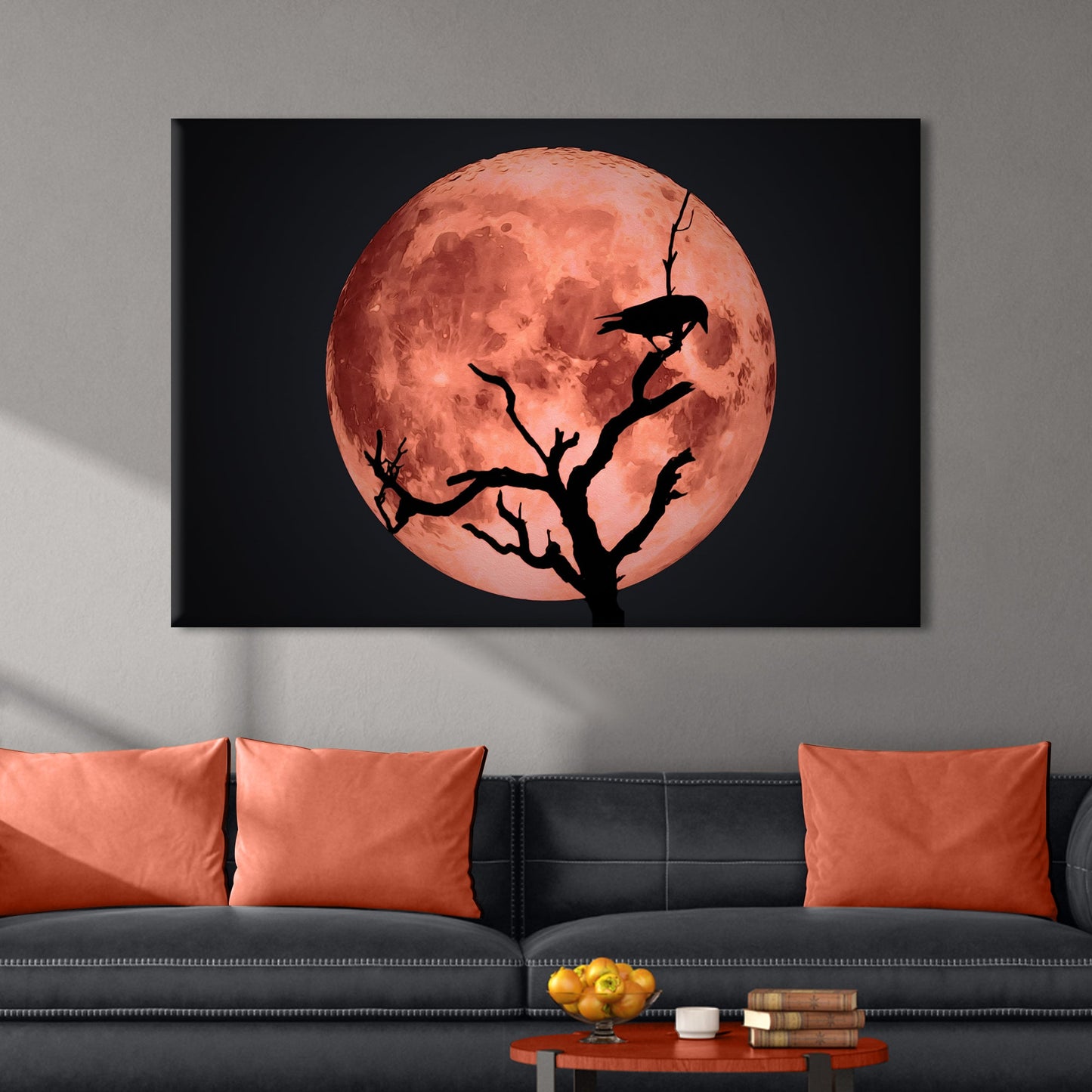 Crow and blood moon gothic canvas wall art crows flying over red moon
