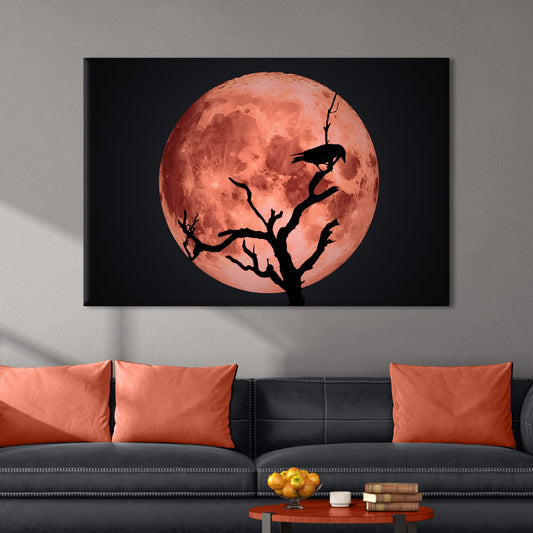 Crow and blood moon gothic canvas wall art crows flying over red moon