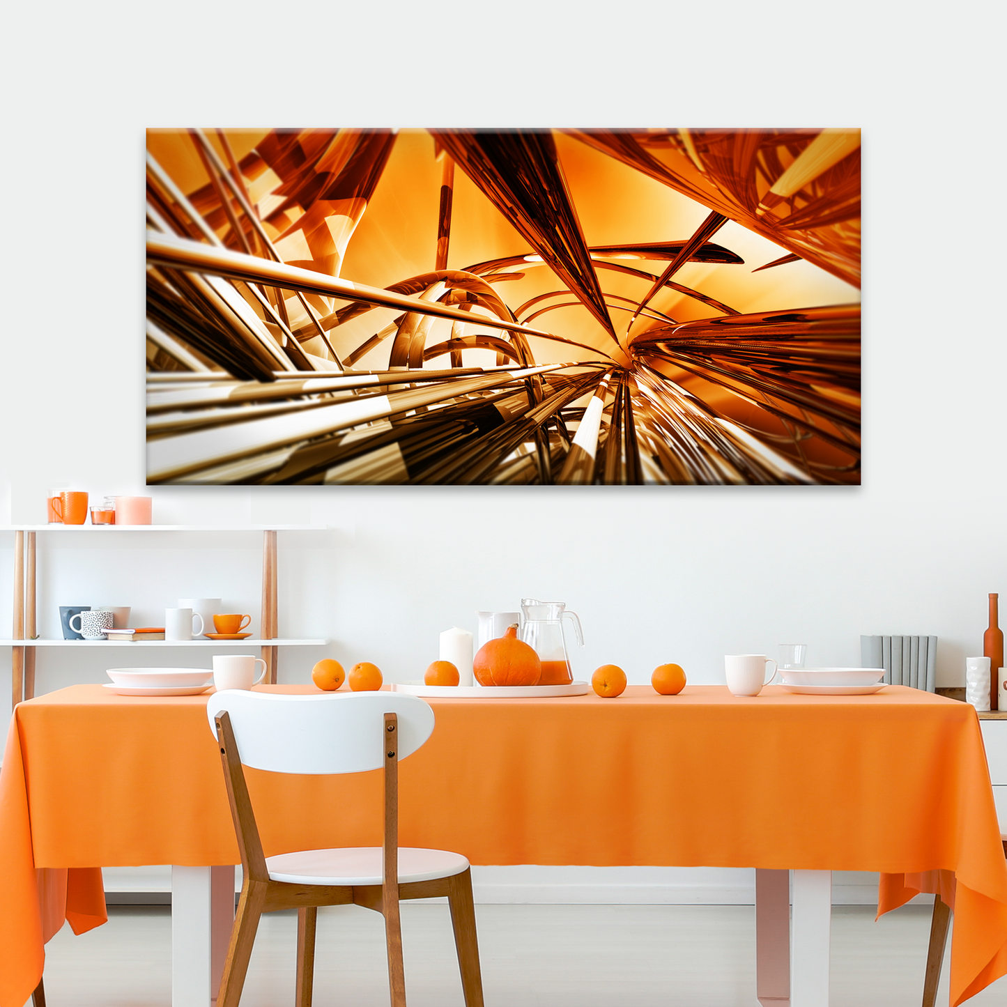3D gold metallic lines abstract canvas wall art hanging in a modern living room