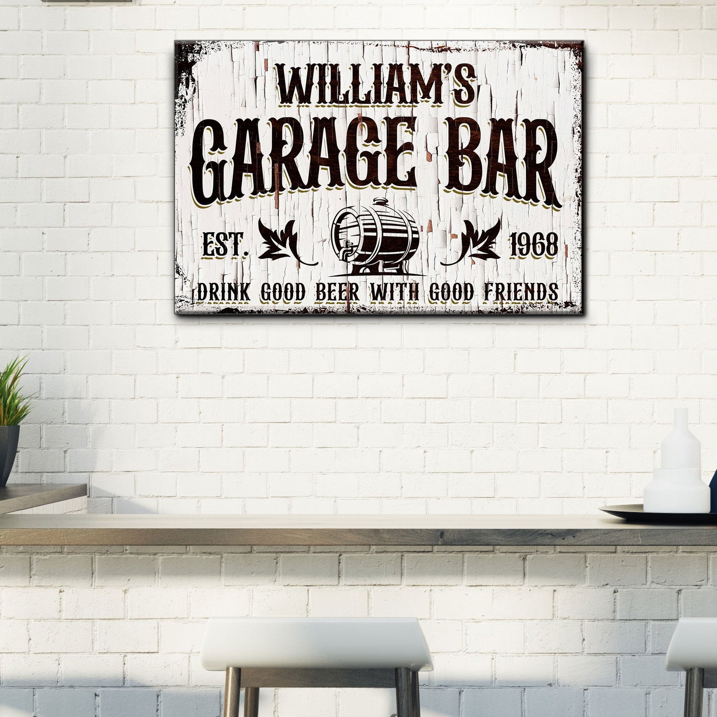 Garage Bar rustic wood canvas wall art sign with vintage styling, gallery-wrapped