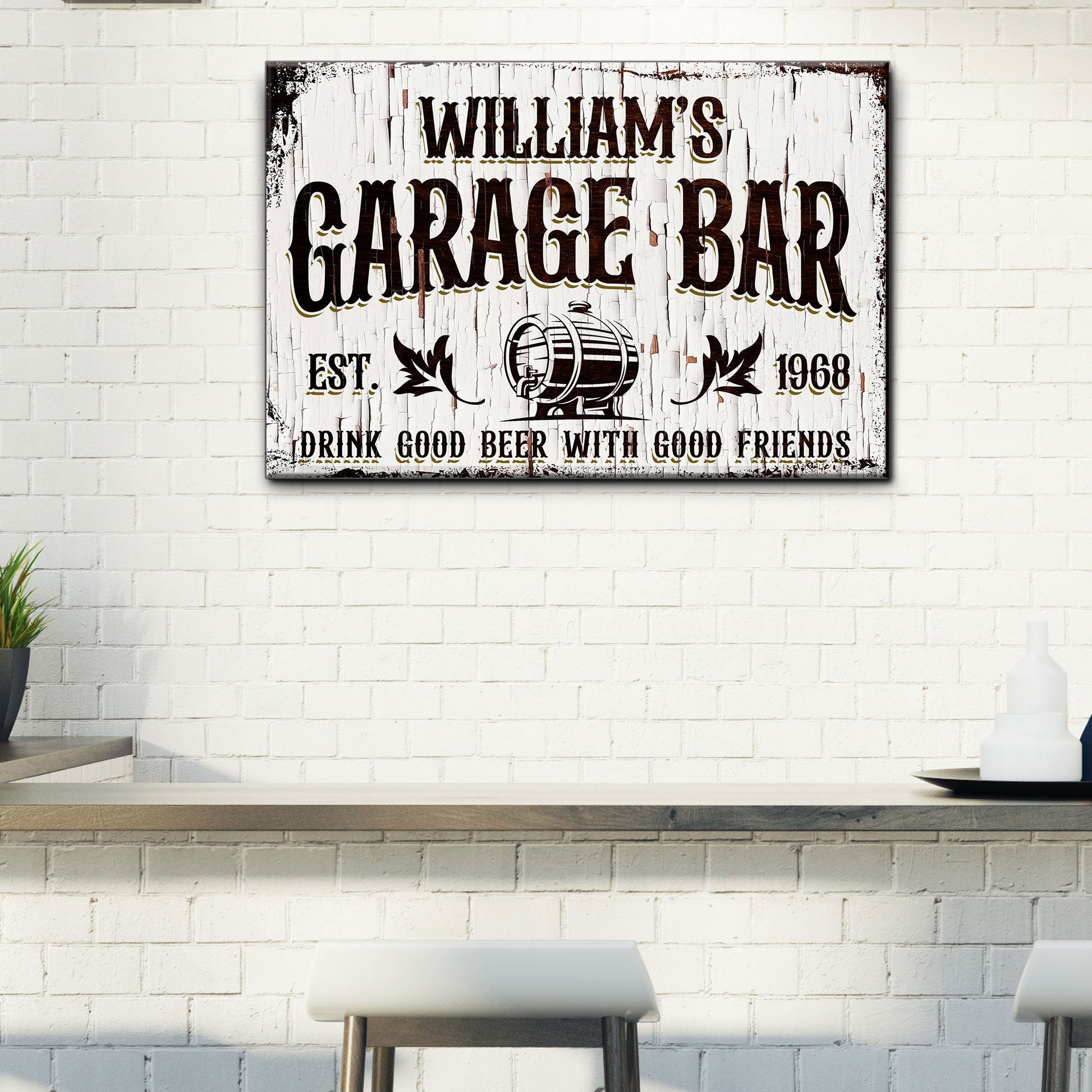 Garage Bar rustic wood canvas wall art sign with vintage styling, gallery-wrapped