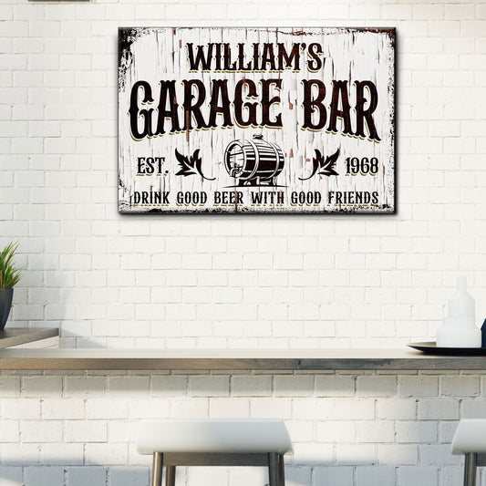 Garage Bar rustic wood canvas wall art sign with vintage styling, gallery-wrapped