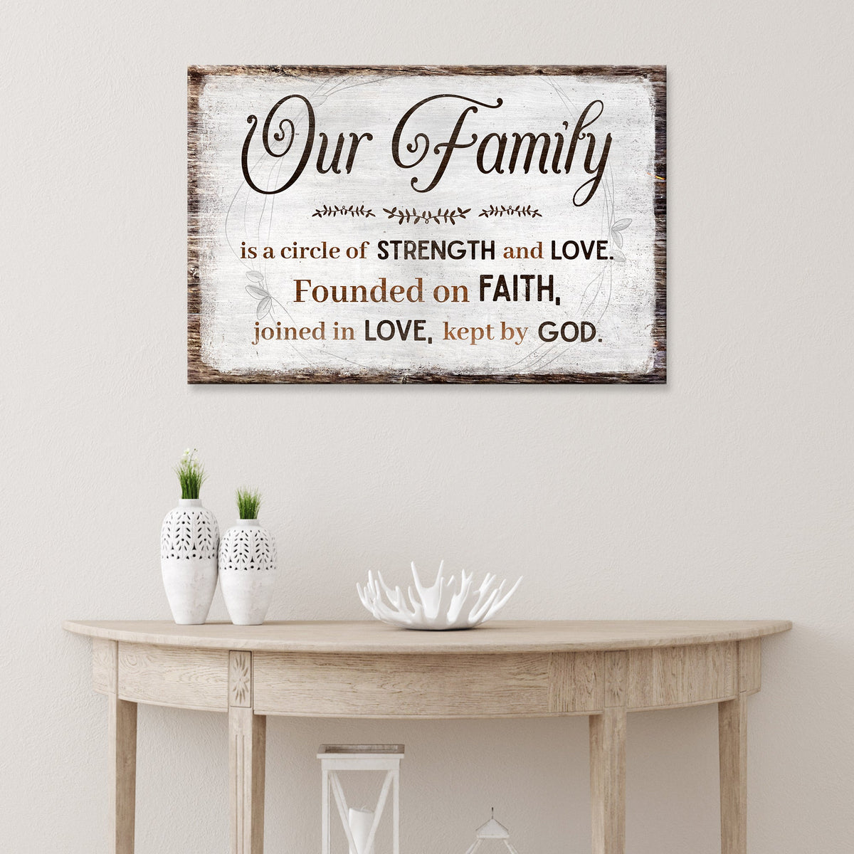 Our Family canvas shown in a styled room setting, view 3