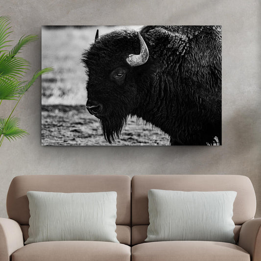 Black and white bison canvas wall art with powerful American buffalo wildlife portrait