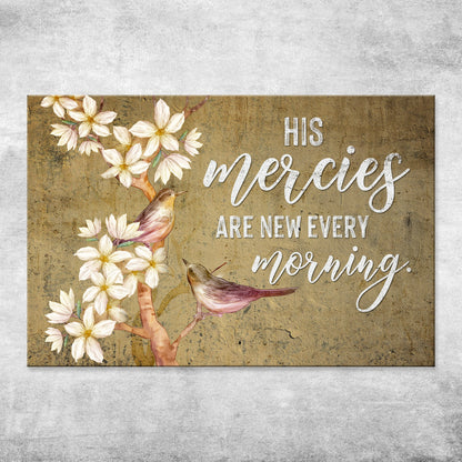 Scripture canvas with two birds on a blossom branch and white script on a gray concrete wall