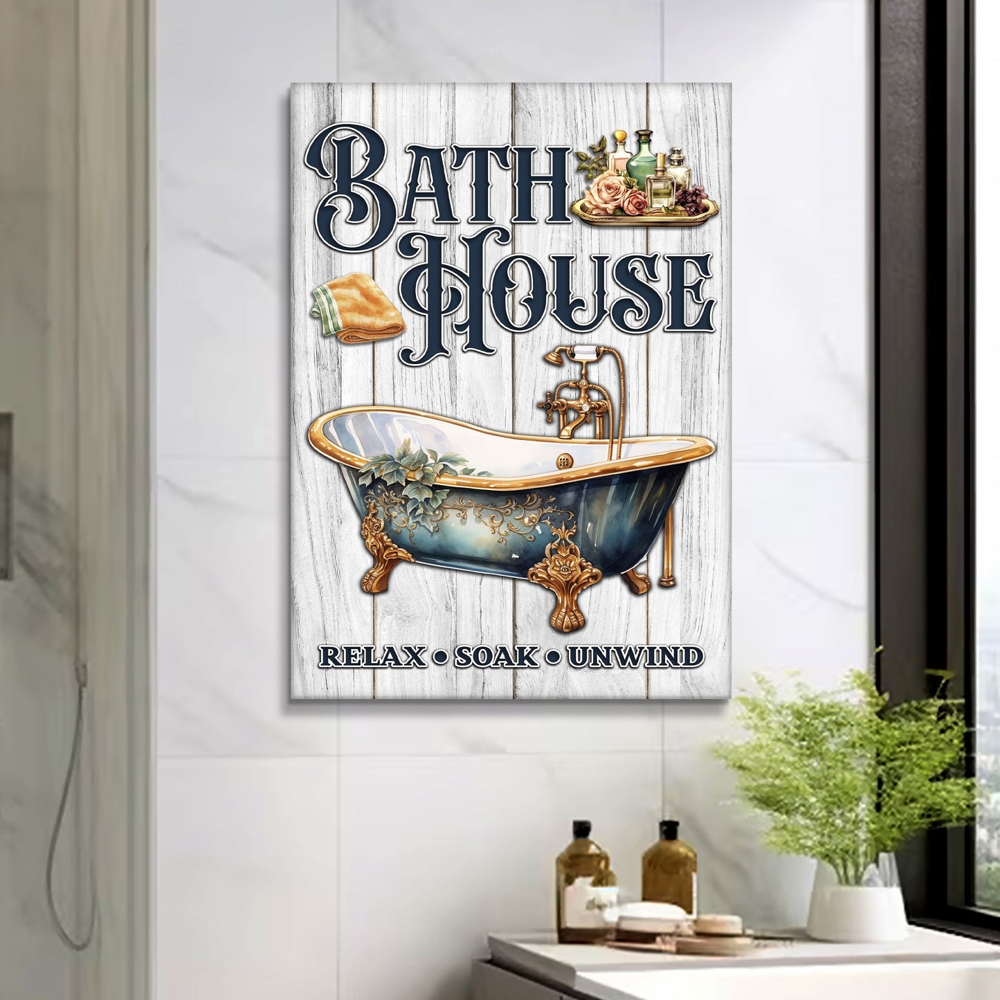 Relax Soak Unwind Bath House Canvas Sign