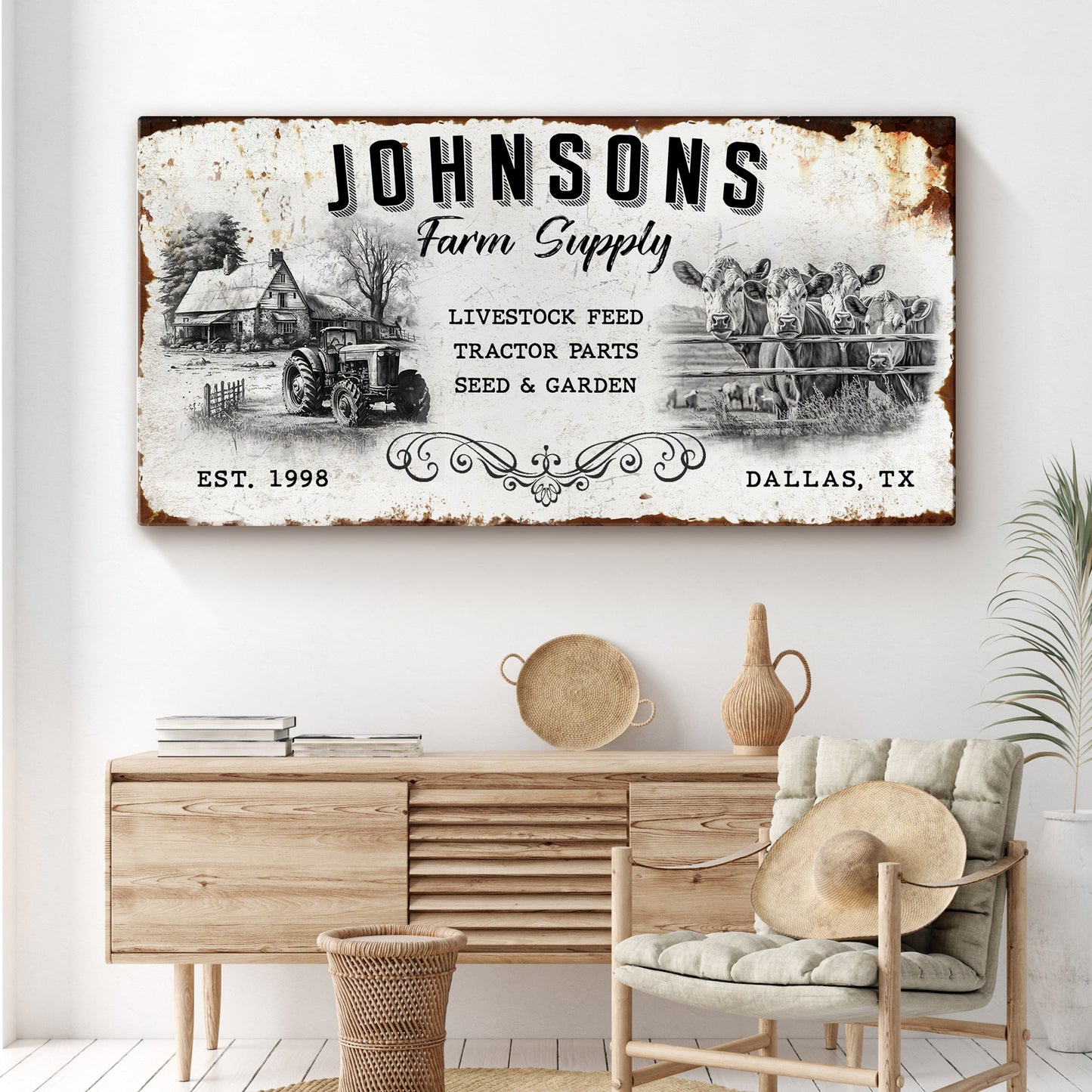 Family farm supply rustic canvas wall art sign with farmhouse-style typography