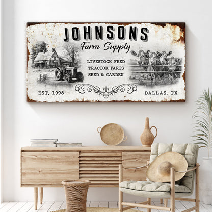 Family farm supply rustic canvas wall art sign with farmhouse-style typography