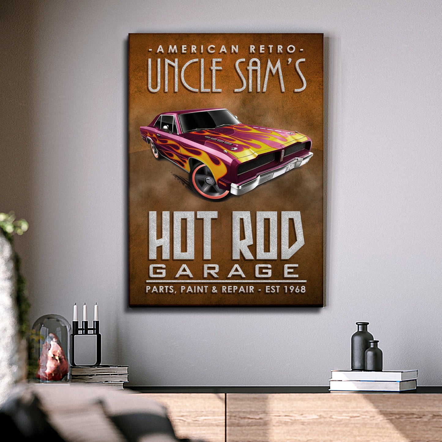 American Retro Garage Hot Rod Canvas Sign