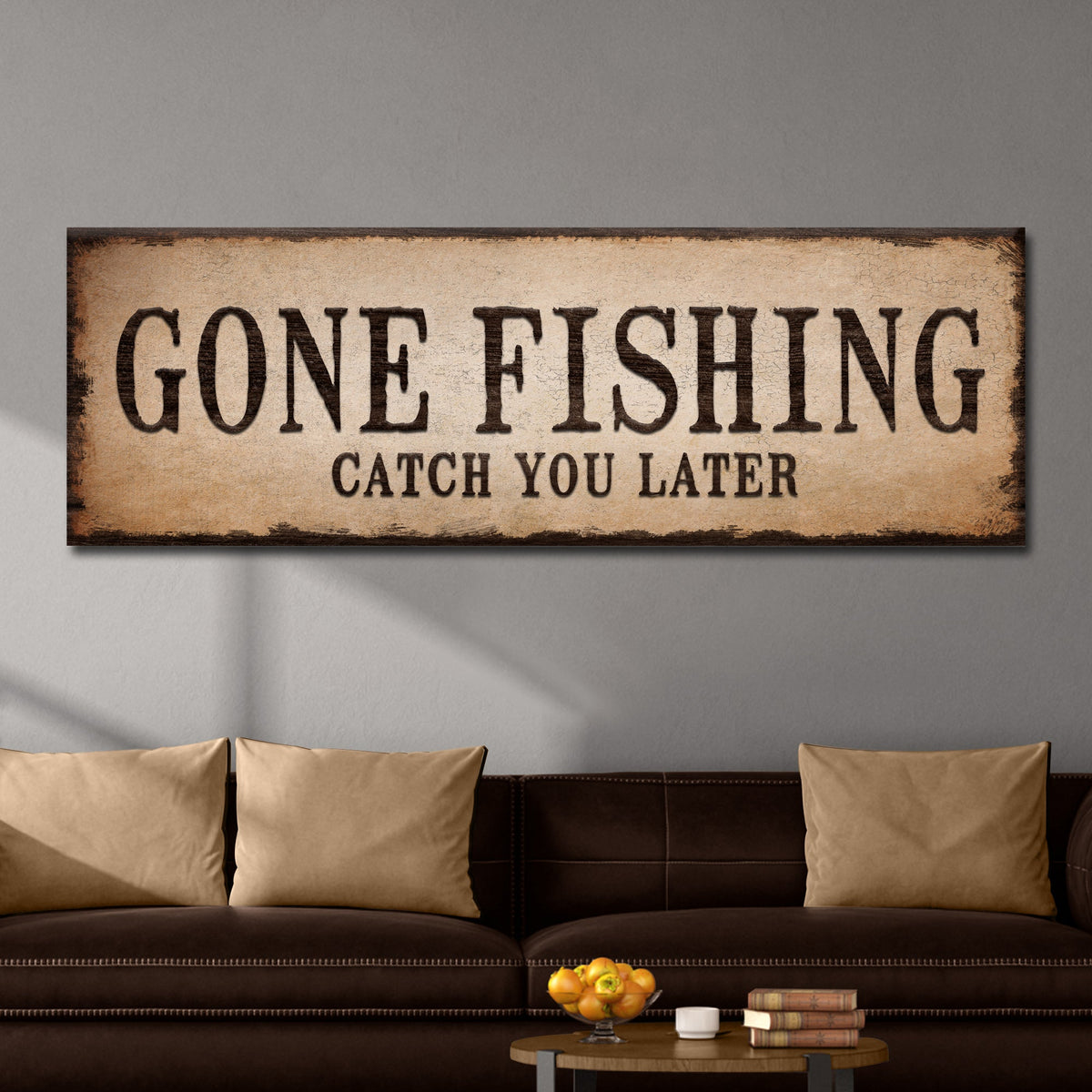 Gone Fishing Catch You Later canvas shown in a styled room setting, view 2
