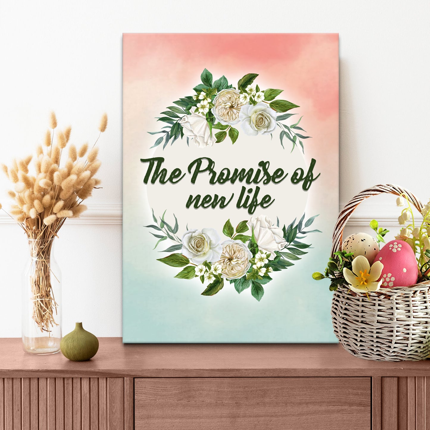 Promise of New Life inspirational canvas wall art with hopeful message and soft colors, gallery-wrapped