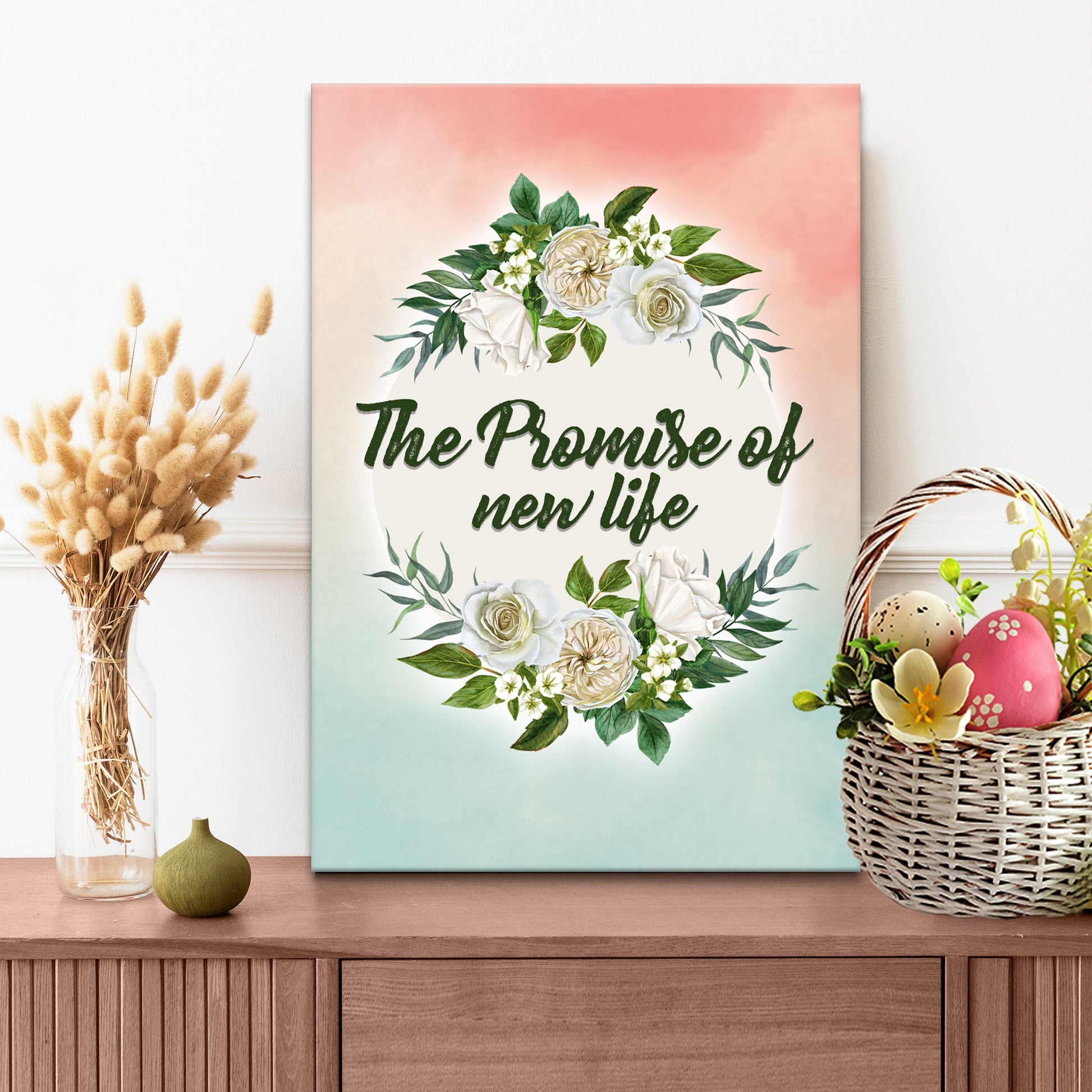 Promise of New Life inspirational canvas wall art with hopeful message and soft colors, gallery-wrapped