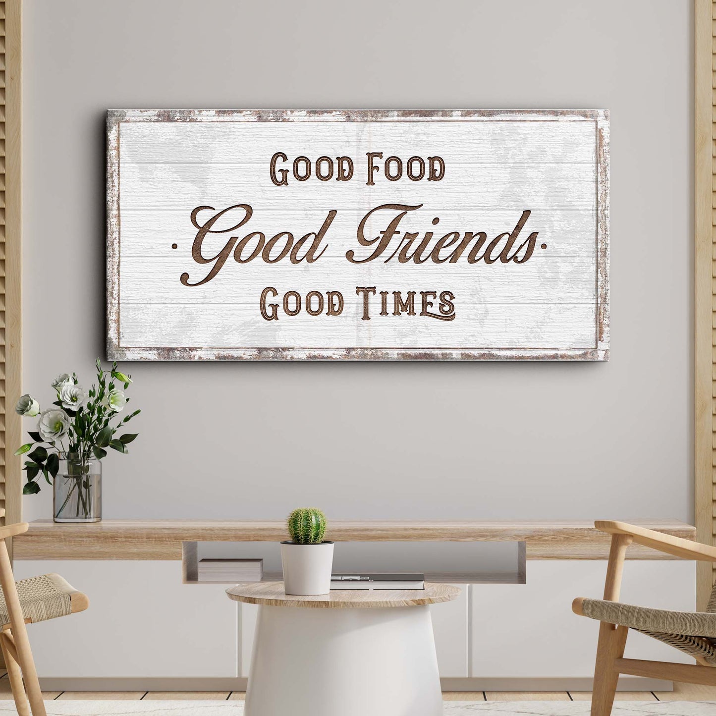 Good food good friends good times canvas wall art sign with bold kitchen quote on gallery-wrapped canvas