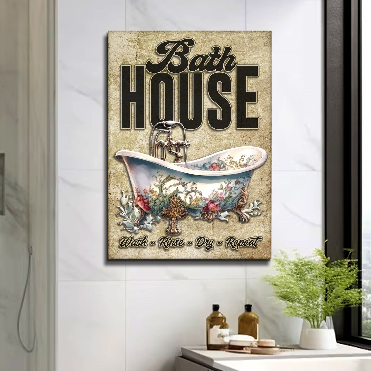Wash Rinse Dry Repeat Bathroom Canvas Sign